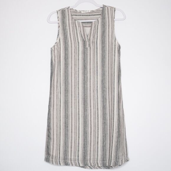 beachlunchlounge Linen Blend‎ Mini Dress Grey Striped V-neck Split Sleeveless - Picture 1 of 7